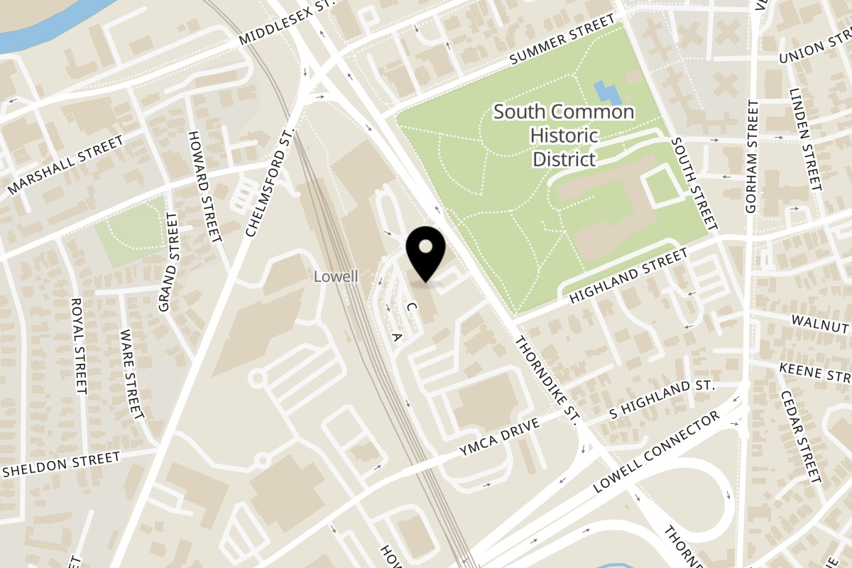 Map showing the location of Jade Lowell Restaurant on 165 Thorndike St in Lowell
